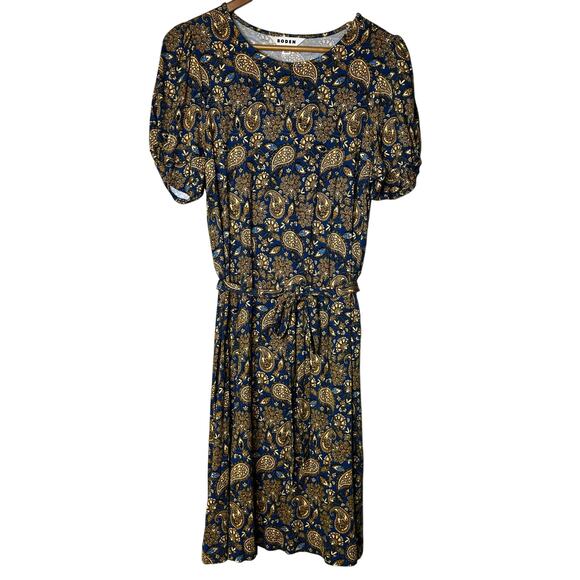 Boden Dress Size 10 Jersey Paisley Blue‎ Gold Waist Tie Preppy Minimalist - Picture 1 of 8